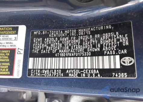 2015 Toyota Camry Hybrid Xle z USA, uszkodzony, nr VIN 4T1BD1FK4FU175330